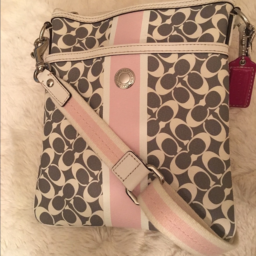 Coach Signature Crossbody Bag in Gray, Pink, White